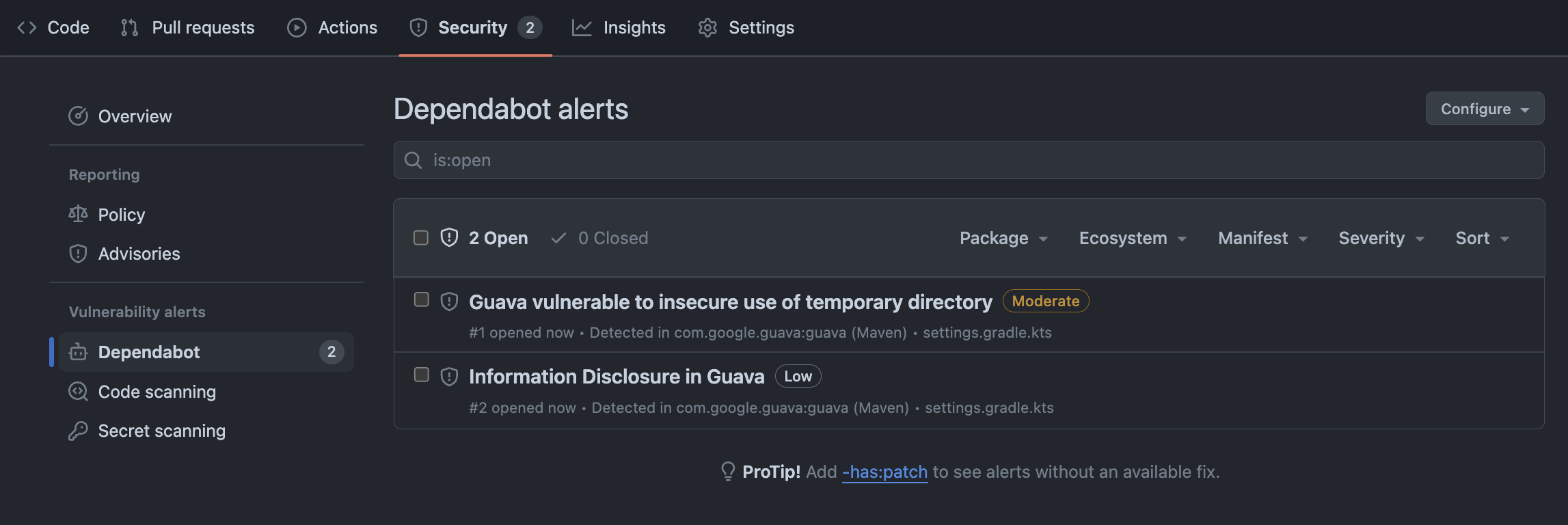 View dependency alerts